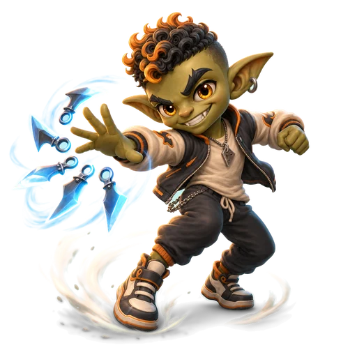 Rulo, un goblin jugador, con sus kunais de hielo